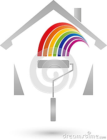 House and painting roller, real estate and painter logo Stock Photo