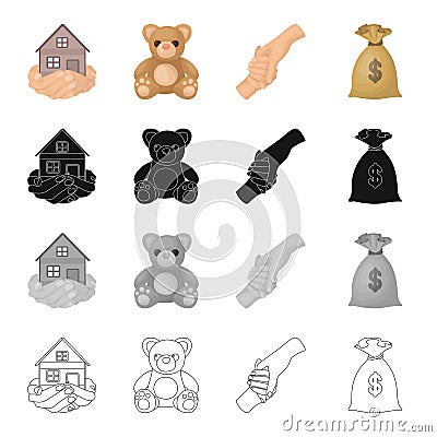 A house in the palms, a toy of a bear, a charity handshake, a bag of money. Charity and donation set collection icons in Vector Illustration