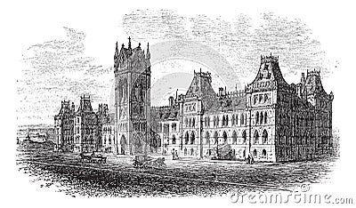 House of Parliament, Ottawa, Ontario, Canada, vintage engraving Vector Illustration