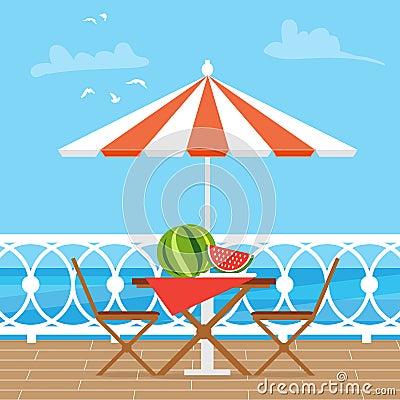 House Patio With Garden Chairs and Table with umbrella Vector Illustration