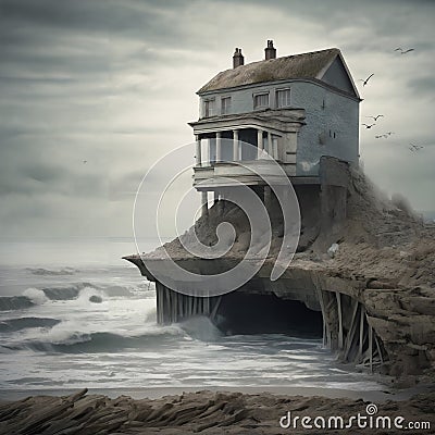 A house perched precariously on a cliff caused by coastal erosion. Cartoon Illustration