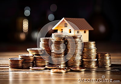 house perched on a stack of coins, symbolizing the financial concept of investment, savings, and real estate. Stock Photo