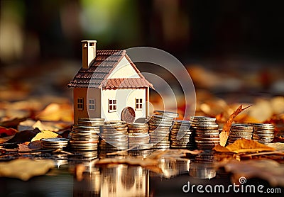house perched on a stack of coins, symbolizing the financial concept of investment, savings, and real estate. Stock Photo