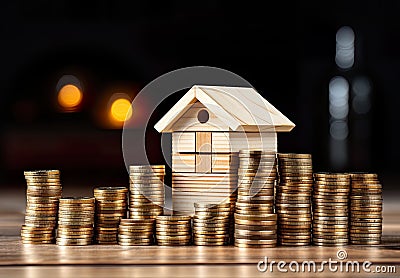 house perched on a stack of coins, symbolizing the financial concept of investment, savings, and real estate. Stock Photo