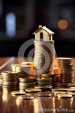 house perched on a stack of coins, symbolizing the financial concept of investment, savings, and real estate. Stock Photo