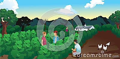 House and persons in a field of coffee Vector Illustration
