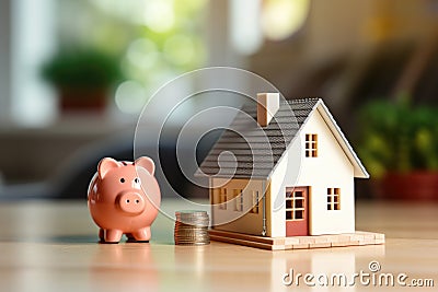 House and pig piggy bank with coins. Real estate and savings. Stock Photo