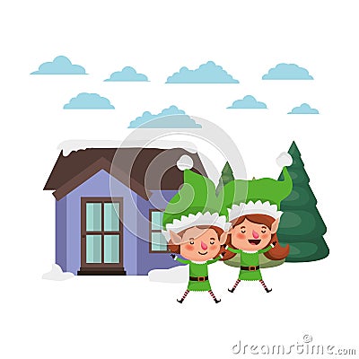 House with pine trees and couple of elves Vector Illustration