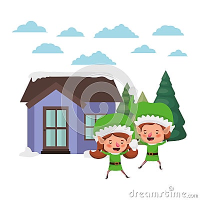 House with pine trees and couple of elves Vector Illustration