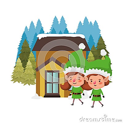 House with pine trees and couple of elves Vector Illustration