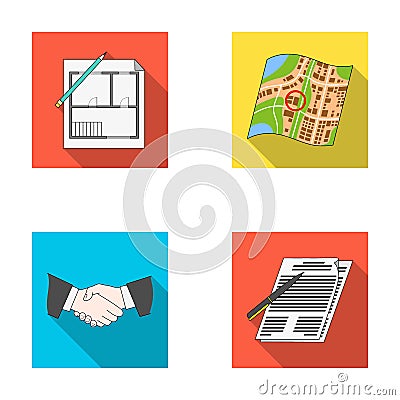 House plan, documents for signing, handshake, terrain plan. Realtor set collection icons in flat style vector symbol Vector Illustration