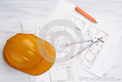 House plan with pencil, compass and helmet. Stock Photo