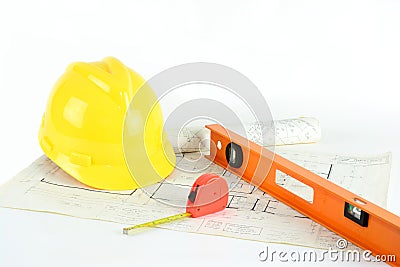 House plans, hardhat and tools Stock Photo