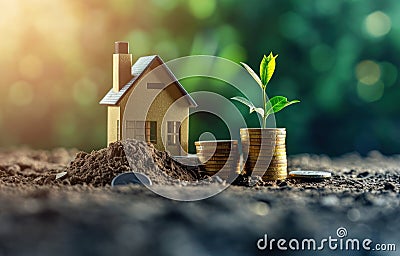 House and plant on coins symbolizing investment and growth in a savings concept, accountability concept Stock Photo