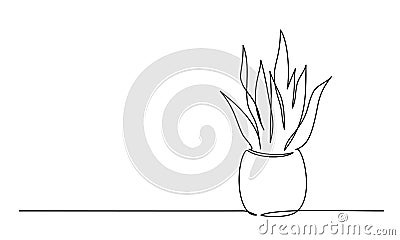 House plant in pot. Continuous one Line drawing Vector Illustration