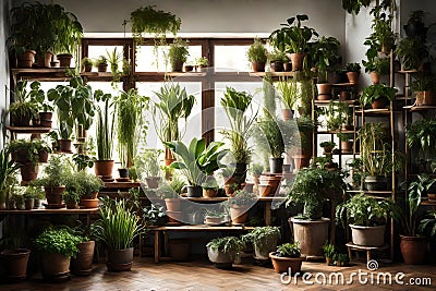 House plants display. Indoor plants in window Stock Photo
