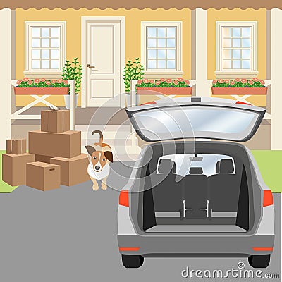 Country house porch with panel door and windows. Driveway, cardboard boxes and car with opened trunk. Vector Illustration