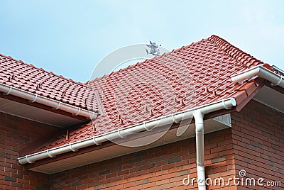 House Problem Areas for Rain Gutter Waterproofing. Guttering, Gutters, Plastic Guttering, Guttering & Drainage. Stock Photo