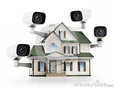 House protected with CCTV surveillance cameras. 3D illustration Cartoon Illustration