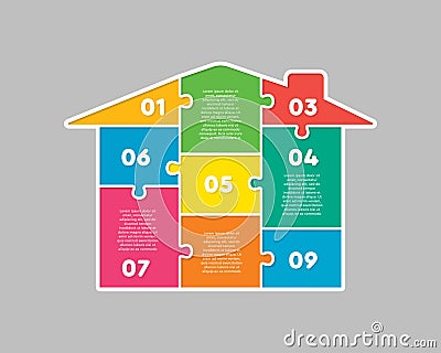 House puzzle jigsaw pieces nine option infographic Vector Illustration