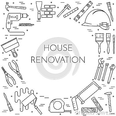 House remodel horizontal banner with building tools Line art Vector Illustration