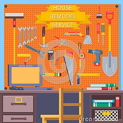 House remodel tools. Construction concept with flat icons .Flat vector illustration Vector Illustration