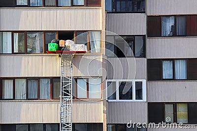 House removal with a hydraulic ladder or lift Stock Photo