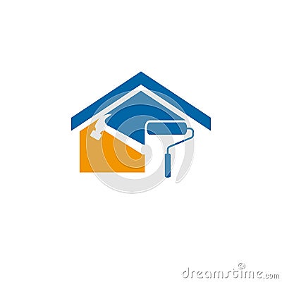 House renovation logo, Roof top incorporated with hammer and roller paint related Vector Illustration