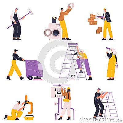 House renovation service workers, home repairers, fixing masters. Home repair masters, electrician, painter and plumber Vector Illustration