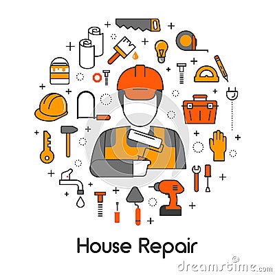 House Repair Renovation Line Art Thin Icons Set with Repairman and Tools Vector Illustration