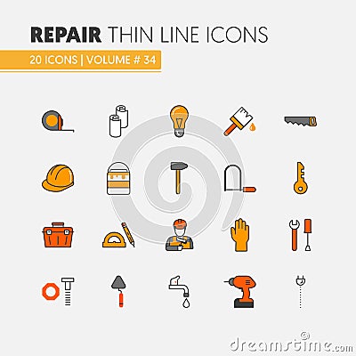 House Repair Renovation Linear Thin Line Icons Set with Repairman and Tools Vector Illustration