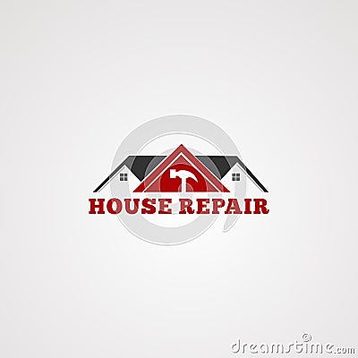 House repair service logo vector, tool hammer , home construction wit roof in red color, template, and element for business Vector Illustration