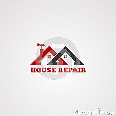 House repair service logo vector, with twin roof in red color, tool hammer, element, and template for company Vector Illustration