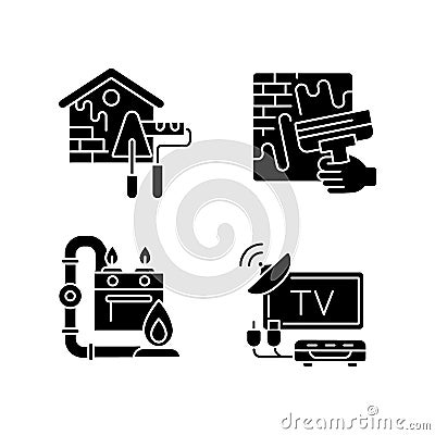 House repairs and facilities black glyph icons set on white space Vector Illustration