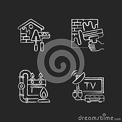 House repairs and facilities chalk white icons set on black background Vector Illustration