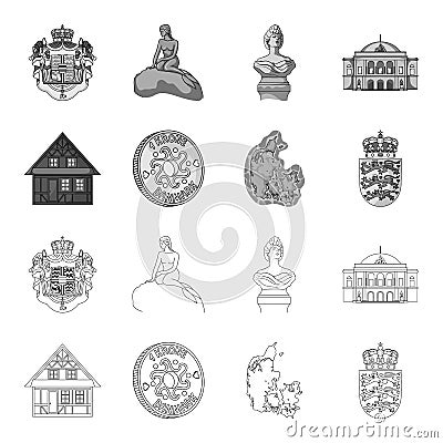 House, residential, style, and other web icon in outline,monochrome style. Country, Denmark, sea, icons in set Vector Illustration