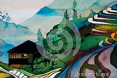 House on rice terraces, fragment, hot batik, handmade abstract surrealism art on silk Stock Photo