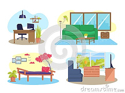 House room interior set, isolated on white vector illustration. Home with furniture, modern table, chair, cartoon sofa Vector Illustration