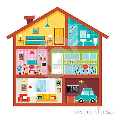 House Rooms With Flat Furnitures Vector Illustration