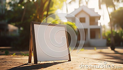 House for sale concept. Mockup blank template billboard copy space near house. Real estate market. House hunting and home purchase Stock Photo