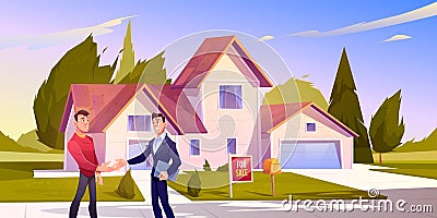 House sale deal Realtor shake hand with home owner Vector Illustration
