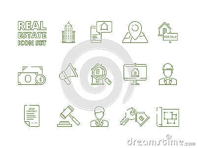 House for sale icons. Realtor rent or selling buildings realty symbols new homeowner vector linear thin pictures Vector Illustration