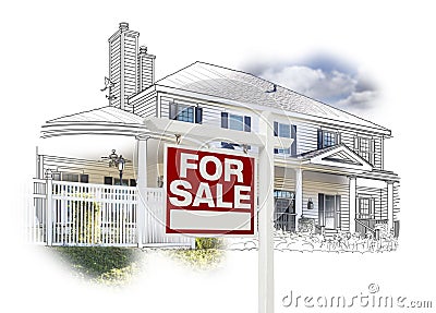 House and For Sale Sign Drawing and Photo on White Stock Photo