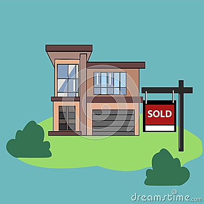 House with For Sale Sign. Picture. Real Estate Sign to advertise a house listing. Basic Sign Sold in front of a modern House Stock Photo