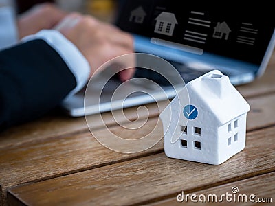 House searching. Concept of property online search, home and land buying, rental, check price survey, mortgage. Stock Photo