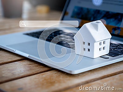 House searching. Concept of property online search, home and land buying, rental, check price survey, mortgage. Stock Photo