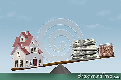 A house on a seesaw, teeter totter, is heavier than money being saved to buy the house Cartoon Illustration