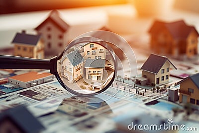 House selection concept, Magnifying glass examining house model, real estate Stock Photo