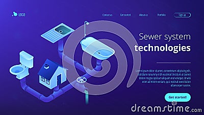 Sewerage system concept isometric 3D landing page. Vector Illustration