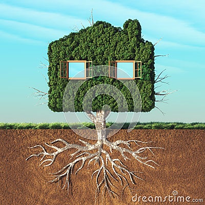 House shaped green tree Cartoon Illustration